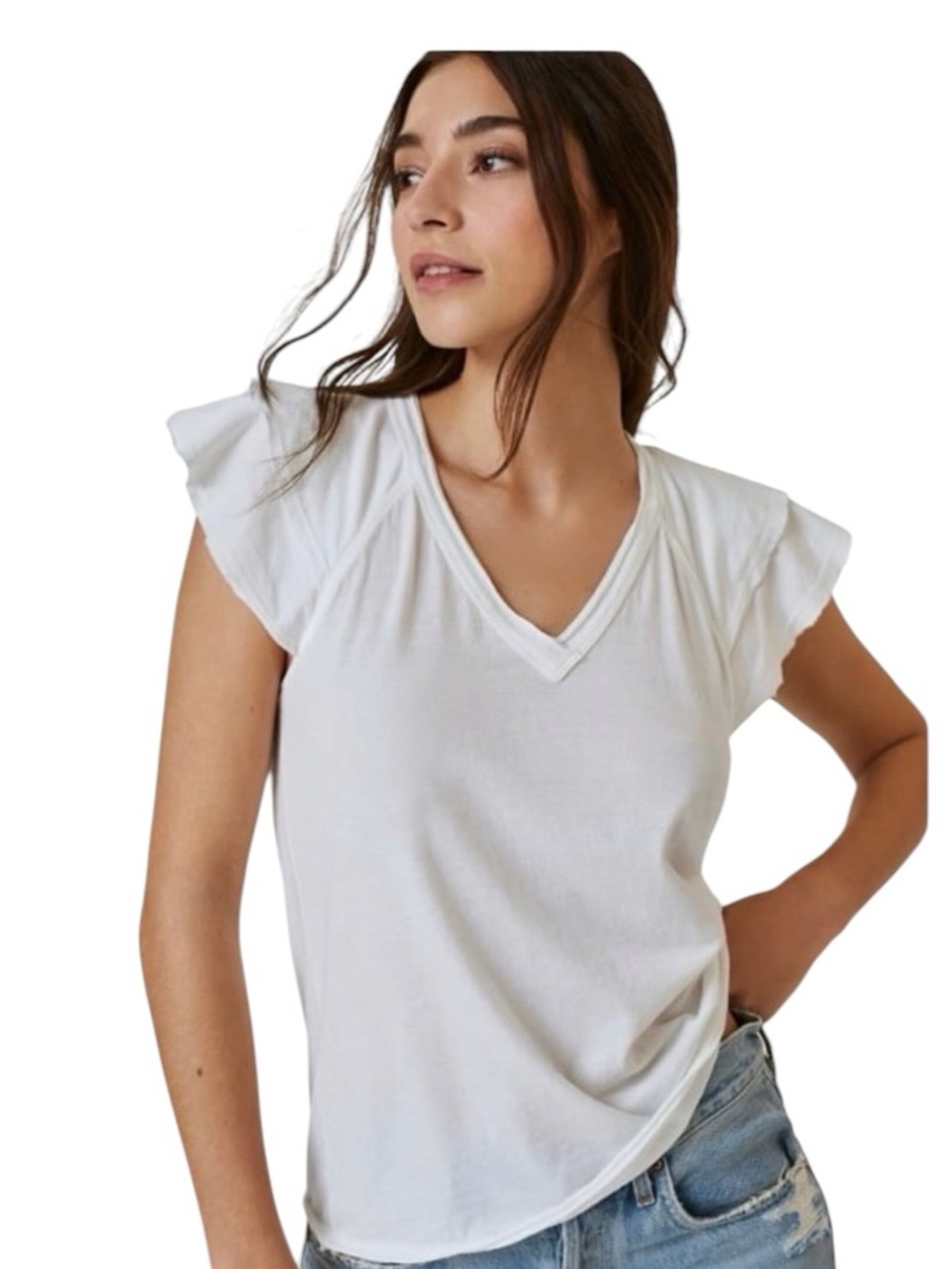 Maeve Anthropologie White V Neck Cotton Flutter Sleeve Casual Tee Top XLarge